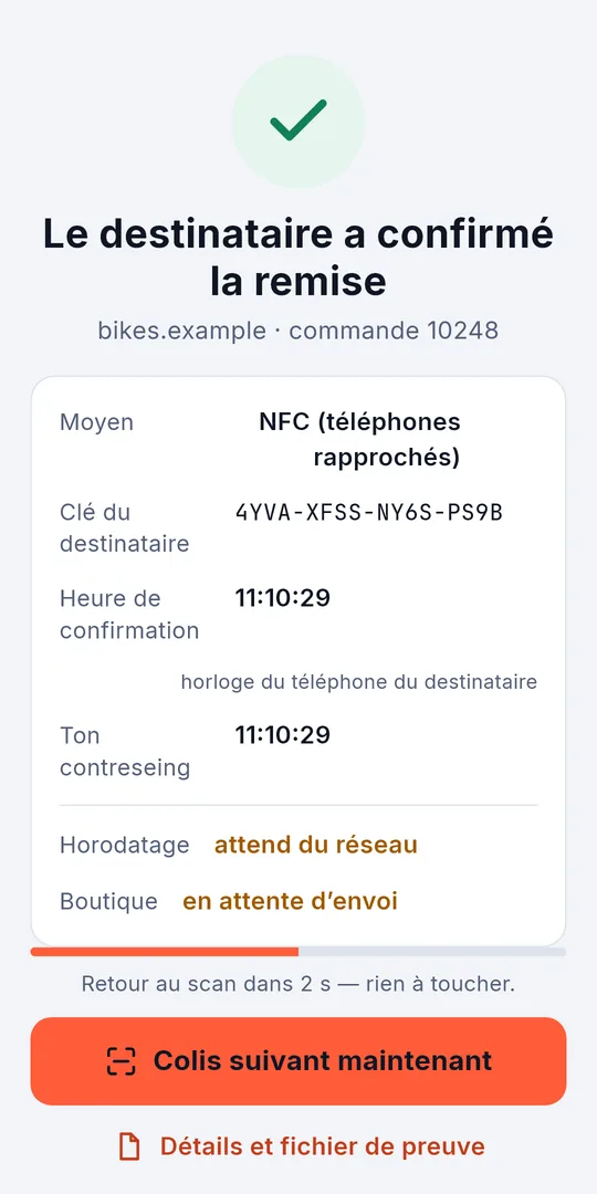 Une remise confirmée par le destinataire et contresignée par le livreur