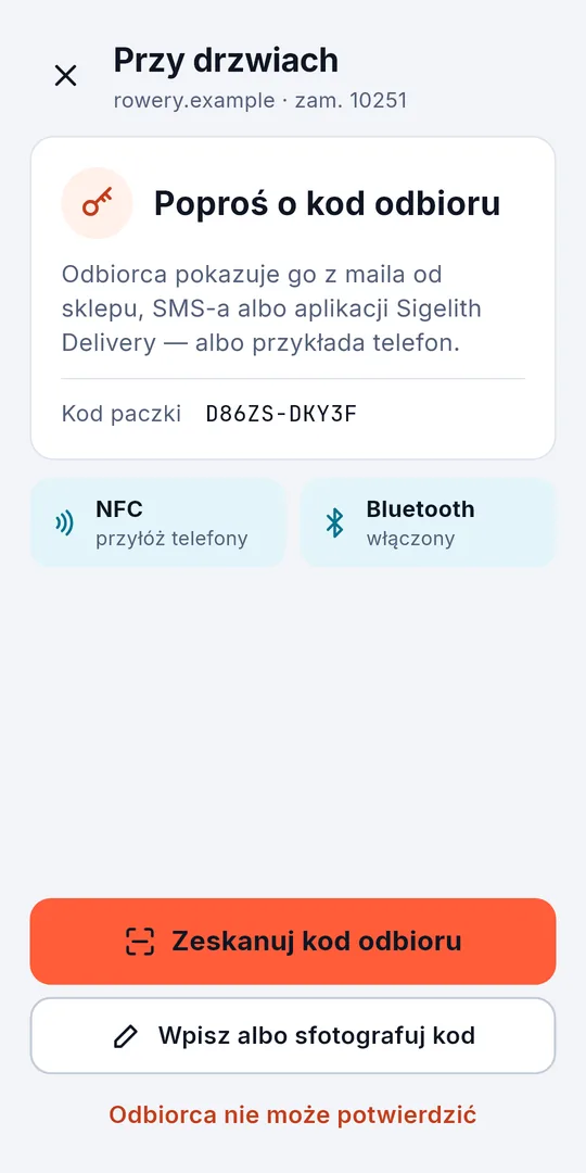 Etykieta z kodem odbioru: kurier skanuje kod odbiorcy, wpisuje go albo robi mu zdjęcie
