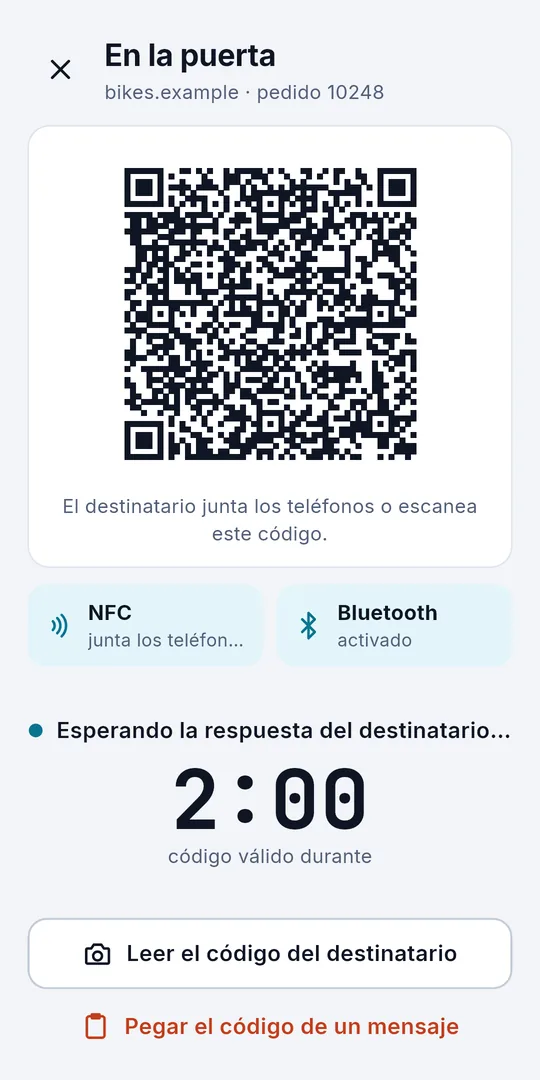 Sigelith Courier en la puerta: la sesión como código QR, con NFC y Bluetooth activados