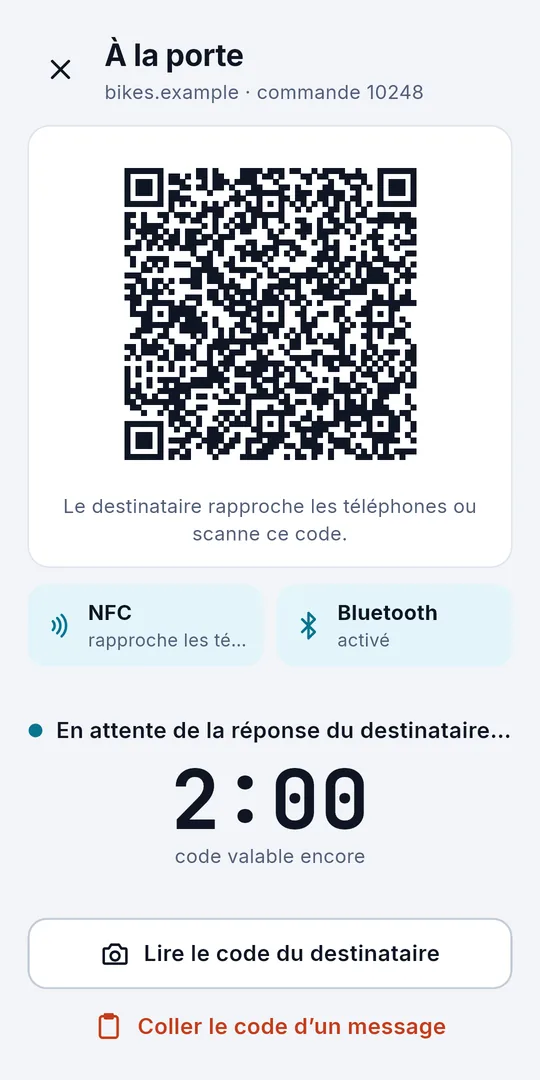 Sigelith Courier à la porte : la session sous forme de code QR, avec le NFC et le Bluetooth activés