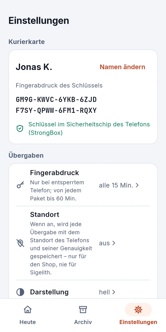 Einstellungen: Kurierkarte, Fingerabdruck-Intervall, Standort und Darstellung