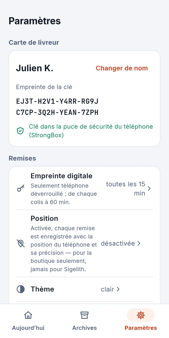 Paramètres : la carte de livreur, la fréquence de l’empreinte digitale, la position et le thème
