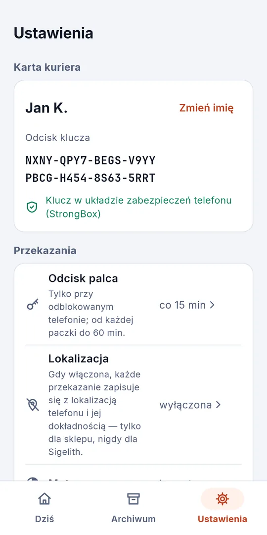 Ustawienia: karta kuriera, okno odcisku palca, położenie i motyw