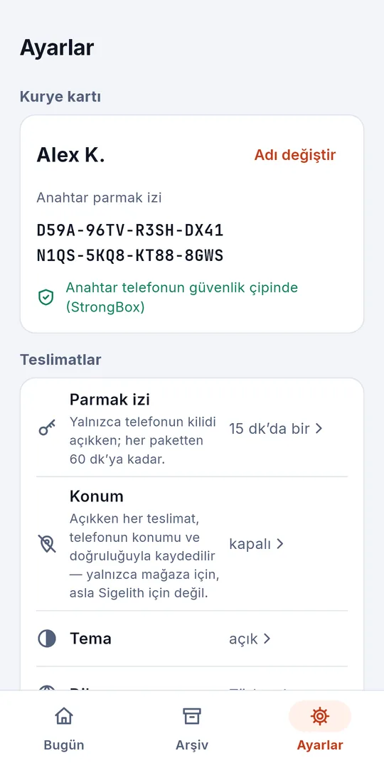 Ayarlar: kurye kartı, parmak izi aralığı, konum ve tema