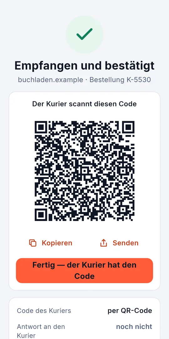Die Bestätigung als QR-Code für die Kamera des Kuriers