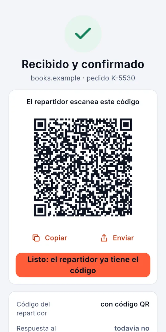La confirmación como código QR para la cámara del repartidor