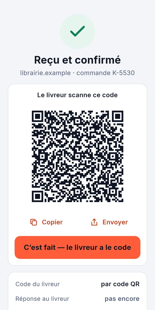 La confirmation sous forme de code QR pour la caméra du livreur