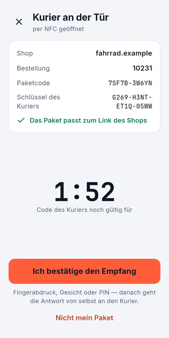 Sigelith Delivery, wenn der Kurier an der Tür ist: Shop, Bestellung, Paketcode und Schlüssel des Kuriers, geprüft anhand des Links vom Shop