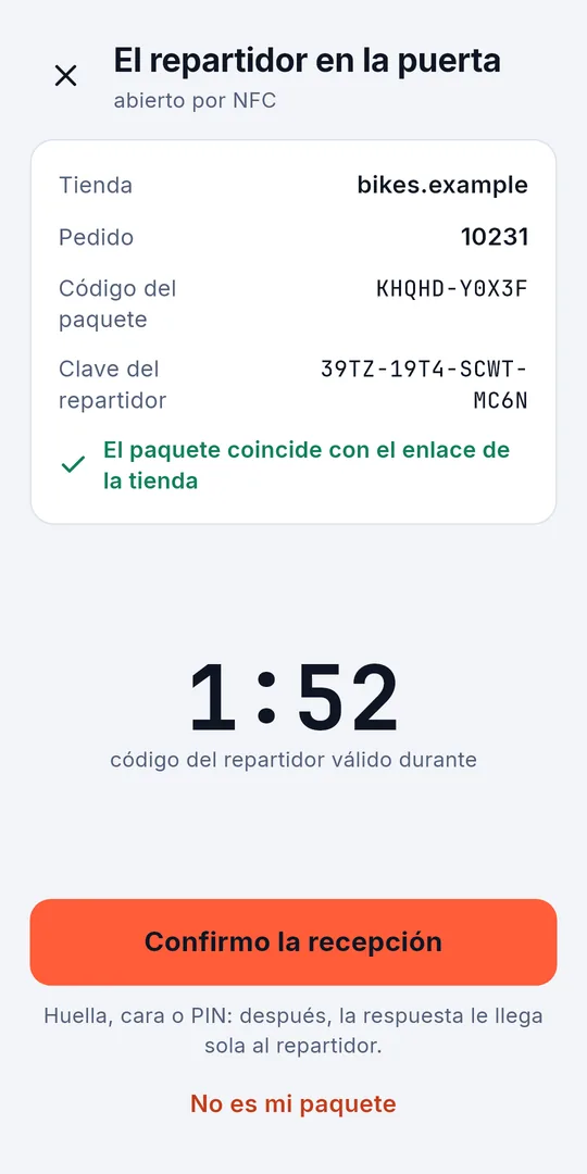 Sigelith Delivery con el repartidor en la puerta: la tienda, el pedido, el código del paquete y la clave del repartidor, comprobados con el enlace de la tienda