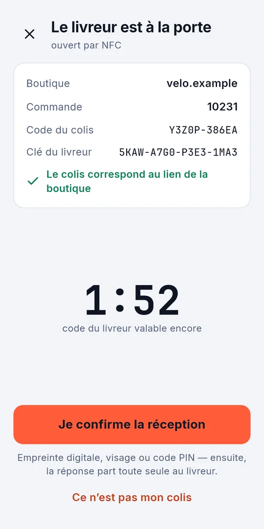 Sigelith Delivery quand le livreur est à la porte : la boutique, la commande, le code du colis et la clé du livreur, vérifiés à l’aide du lien de la boutique