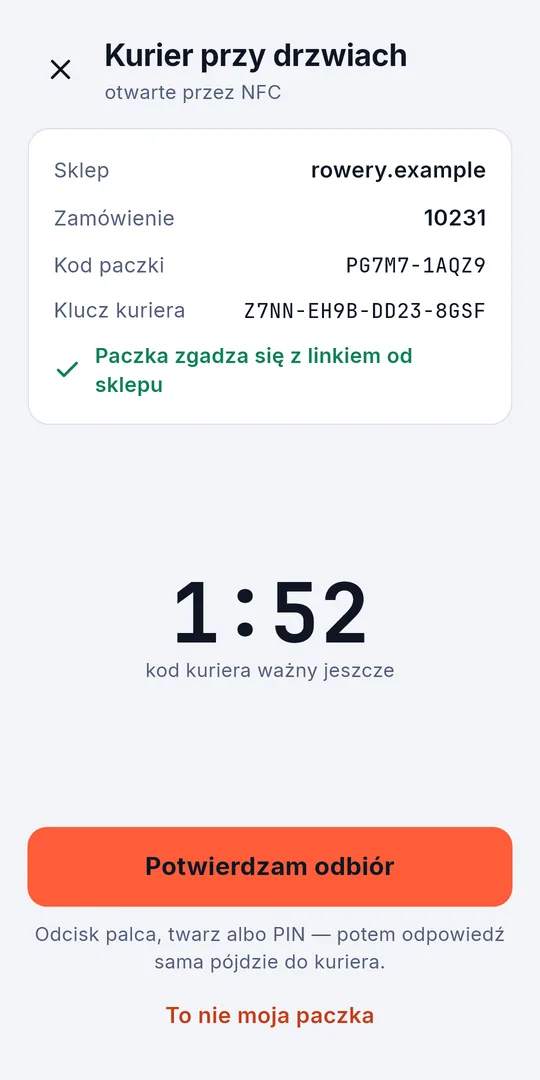 Sigelith Delivery, gdy kurier jest przy drzwiach: sklep, zamówienie, kod paczki i klucz kuriera, sprawdzone z linkiem od sklepu