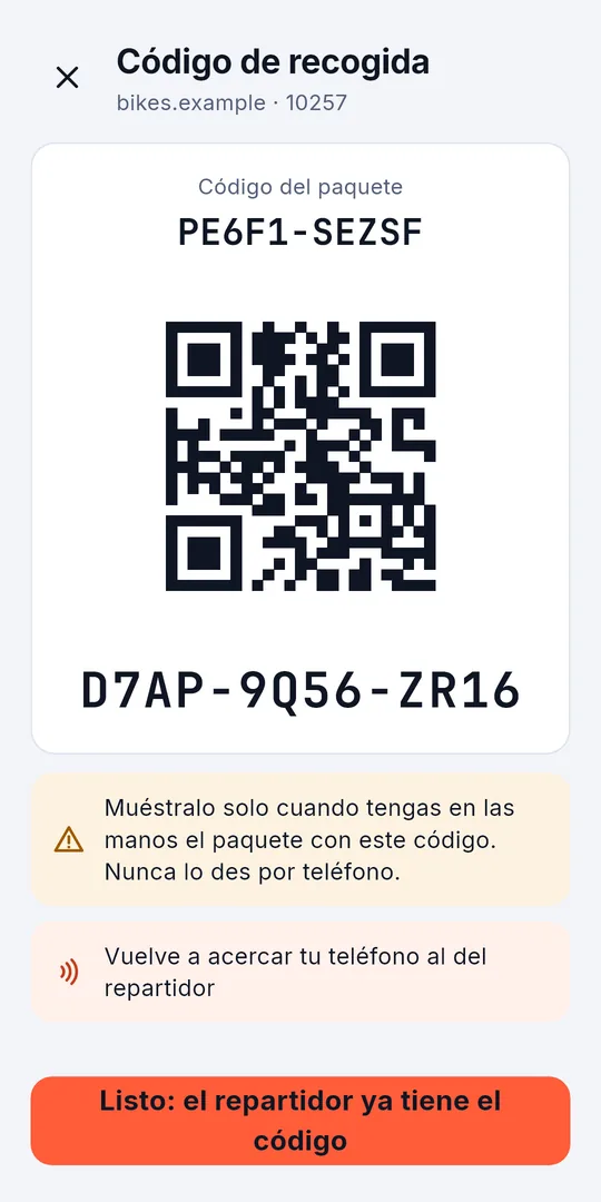 El código de recogida para el repartidor: el código QR, el código y el código del paquete a la vez