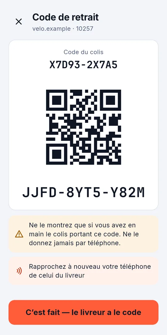 Le code de retrait pour le livreur : le code QR, le code et le code du colis en même temps