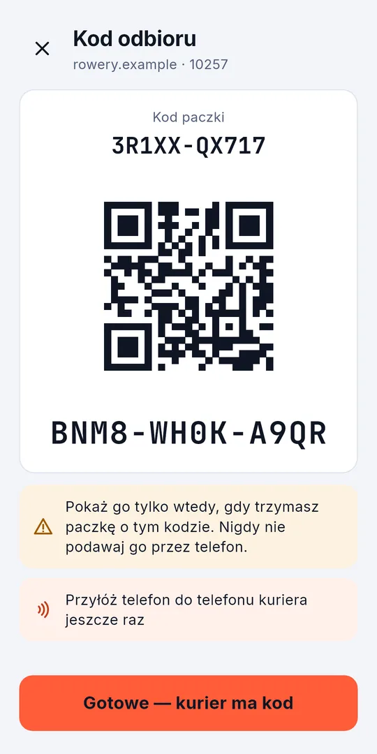 Kod odbioru dla kuriera: kod QR, kod i kod paczki naraz