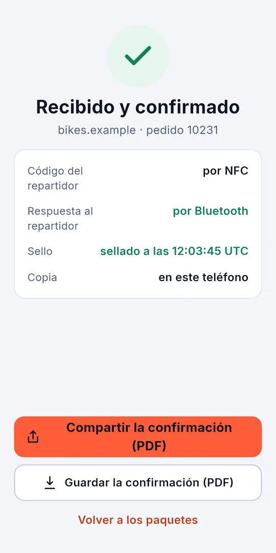Recibido y confirmado: la respuesta volvió por Bluetooth y la confirmación está sellada