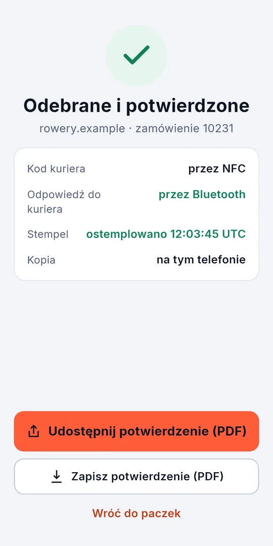 Odebrane i potwierdzone: odpowiedź wróciła przez Bluetooth, a potwierdzenie ma stempel