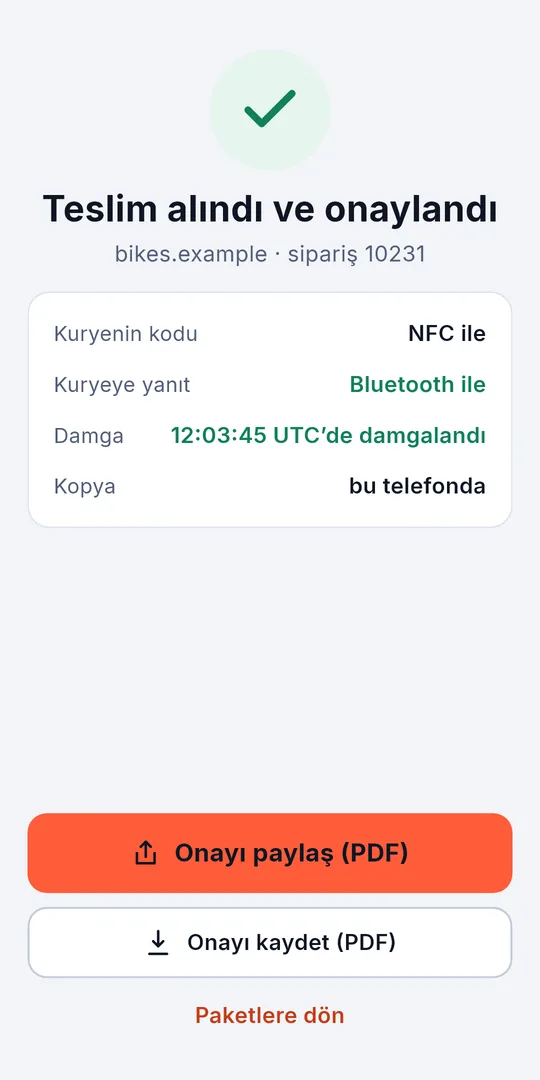 Teslim alındı ve onaylandı: yanıt Bluetooth ile geri gitti ve onay damgalandı