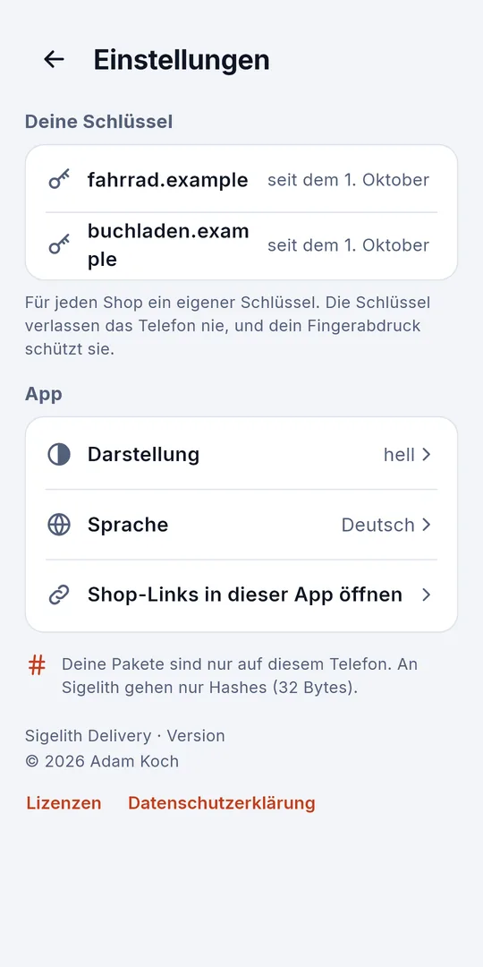 Einstellungen: ein eigener Schlüssel für jeden Shop