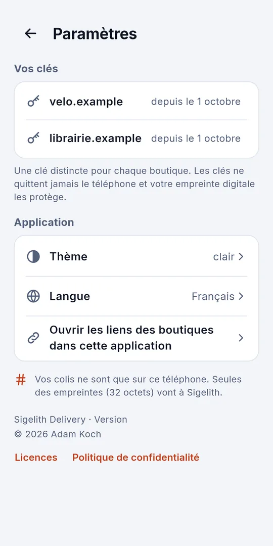 Paramètres : une clé distincte pour chaque boutique
