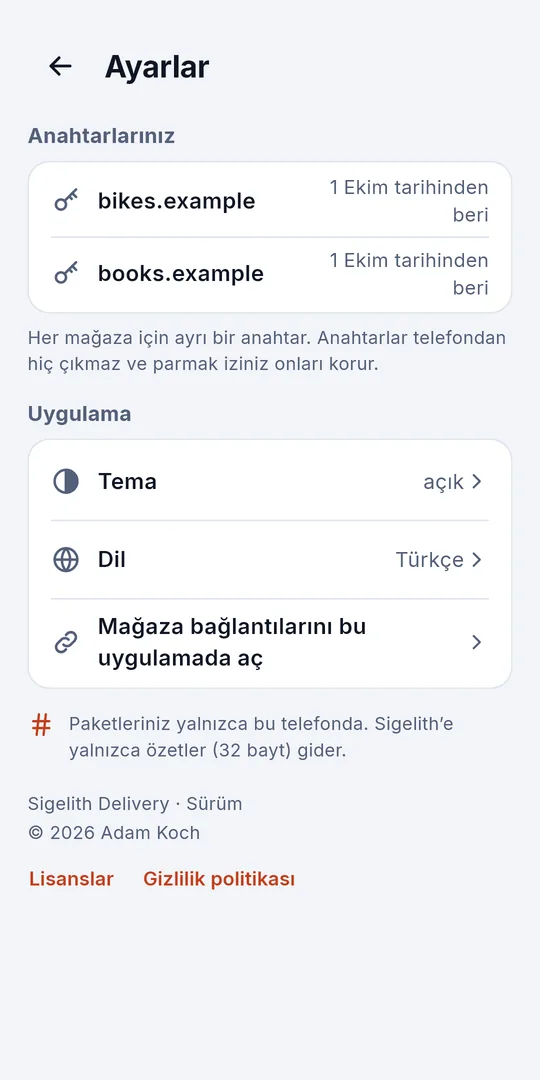 Ayarlar: her mağaza için ayrı bir anahtar