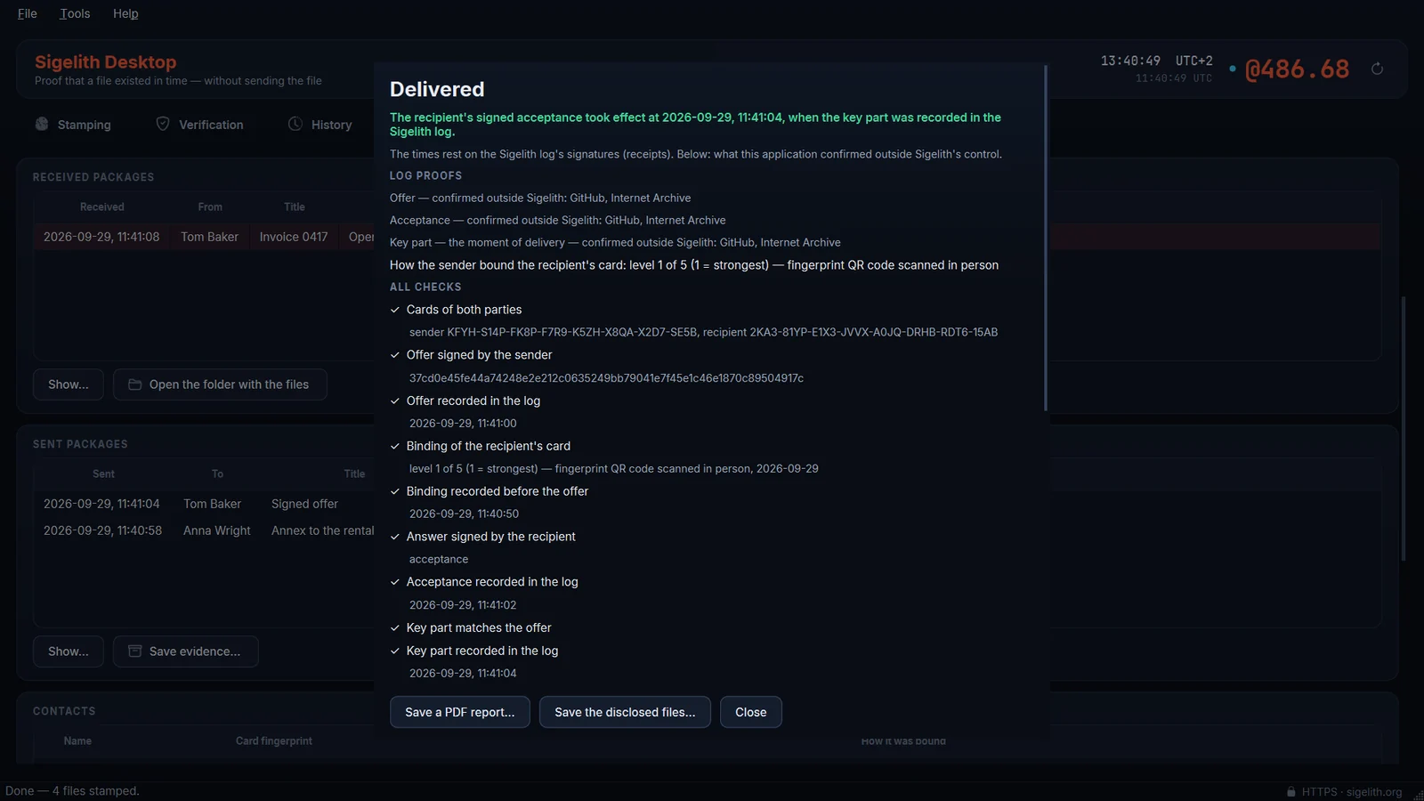 An evidence package checked in Sigelith Desktop