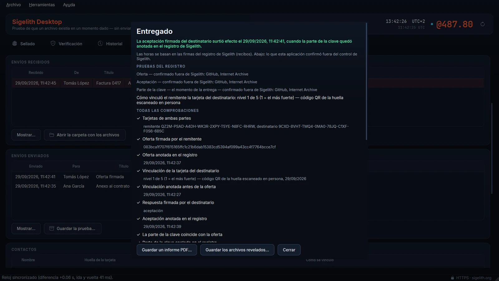 Un paquete de pruebas comprobado en Sigelith Desktop