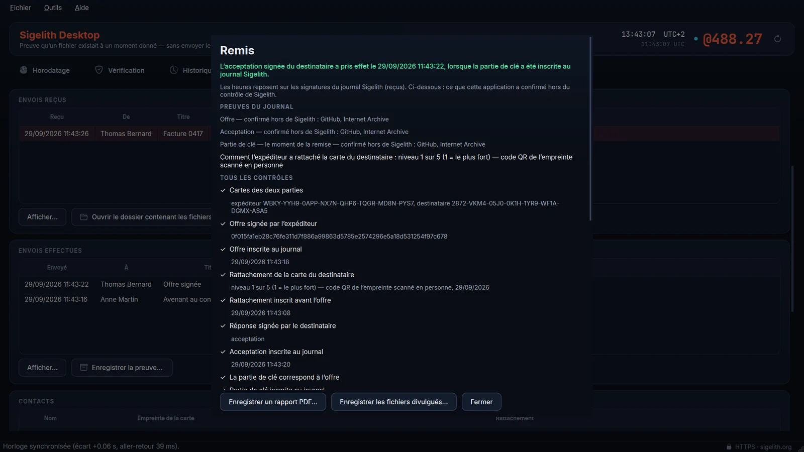 Un dossier de preuve vérifié dans Sigelith Desktop