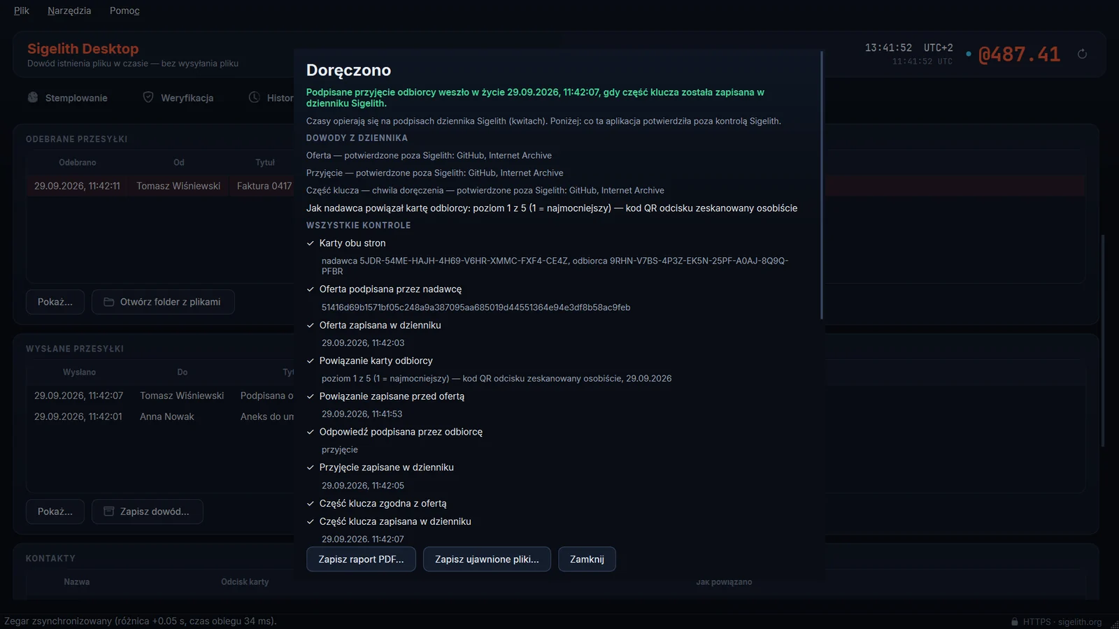 Pakiet dowodowy sprawdzony w Sigelith Desktop