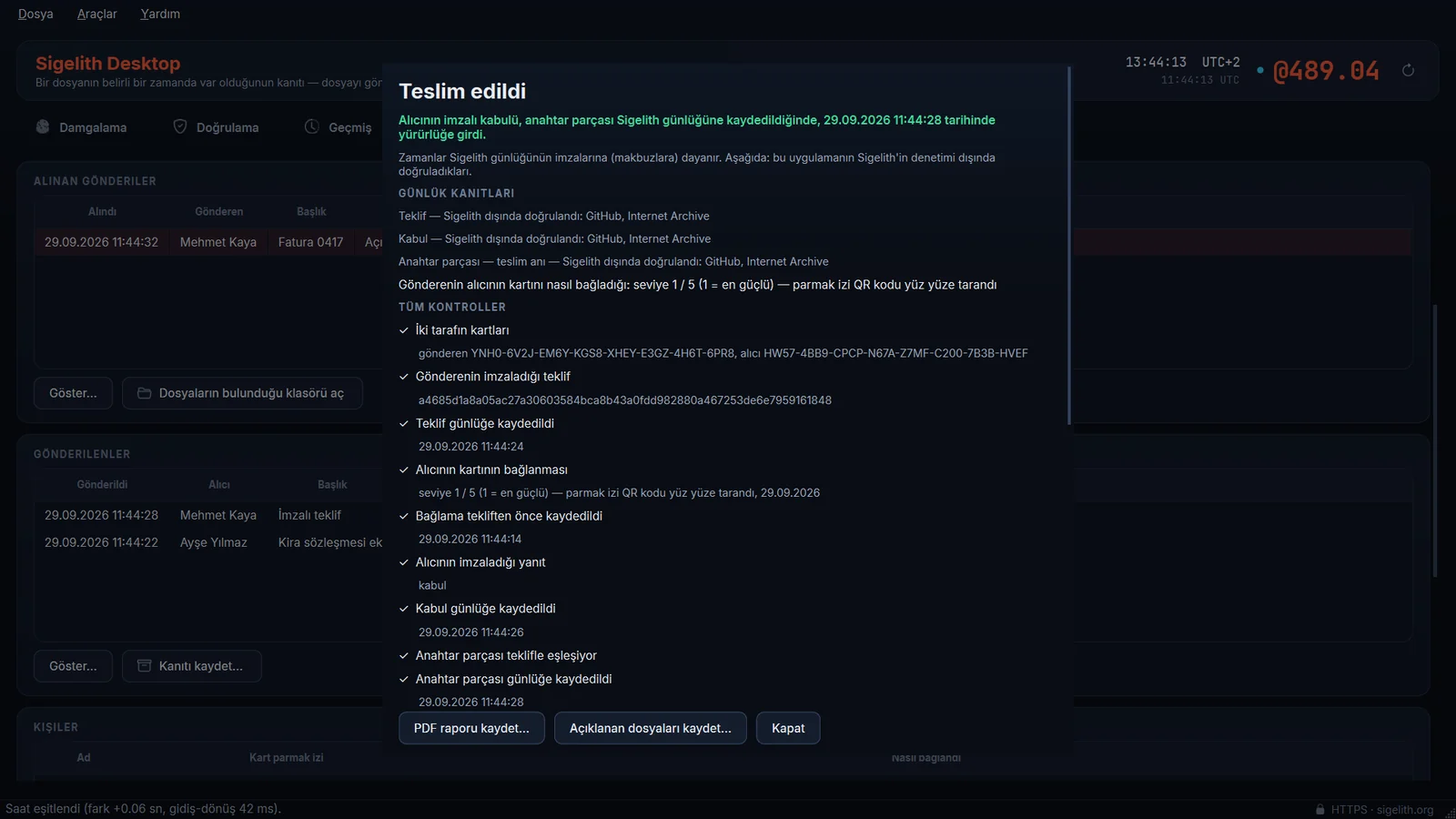 Sigelith Desktop’ta kontrol edilmiş bir kanıt paketi