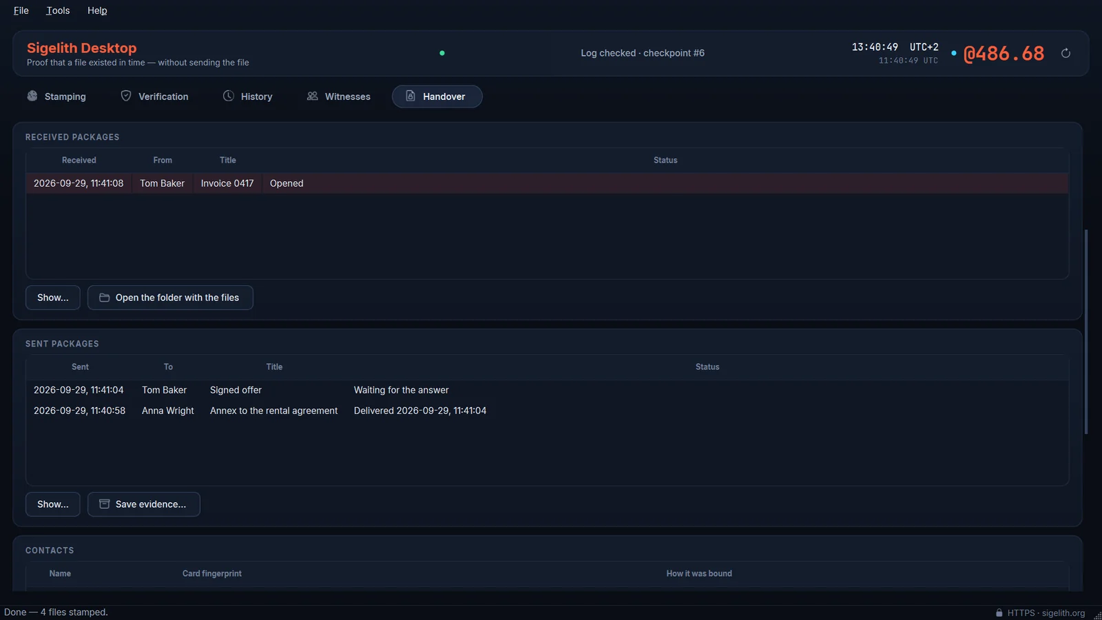 The Handover tab with packages and contacts