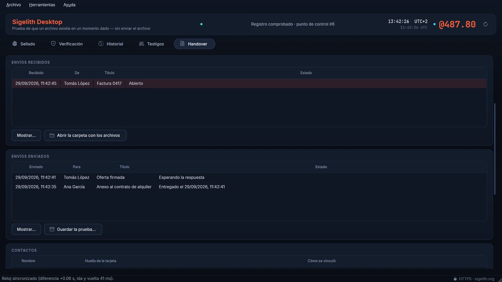 La pestaña Handover con envíos y contactos