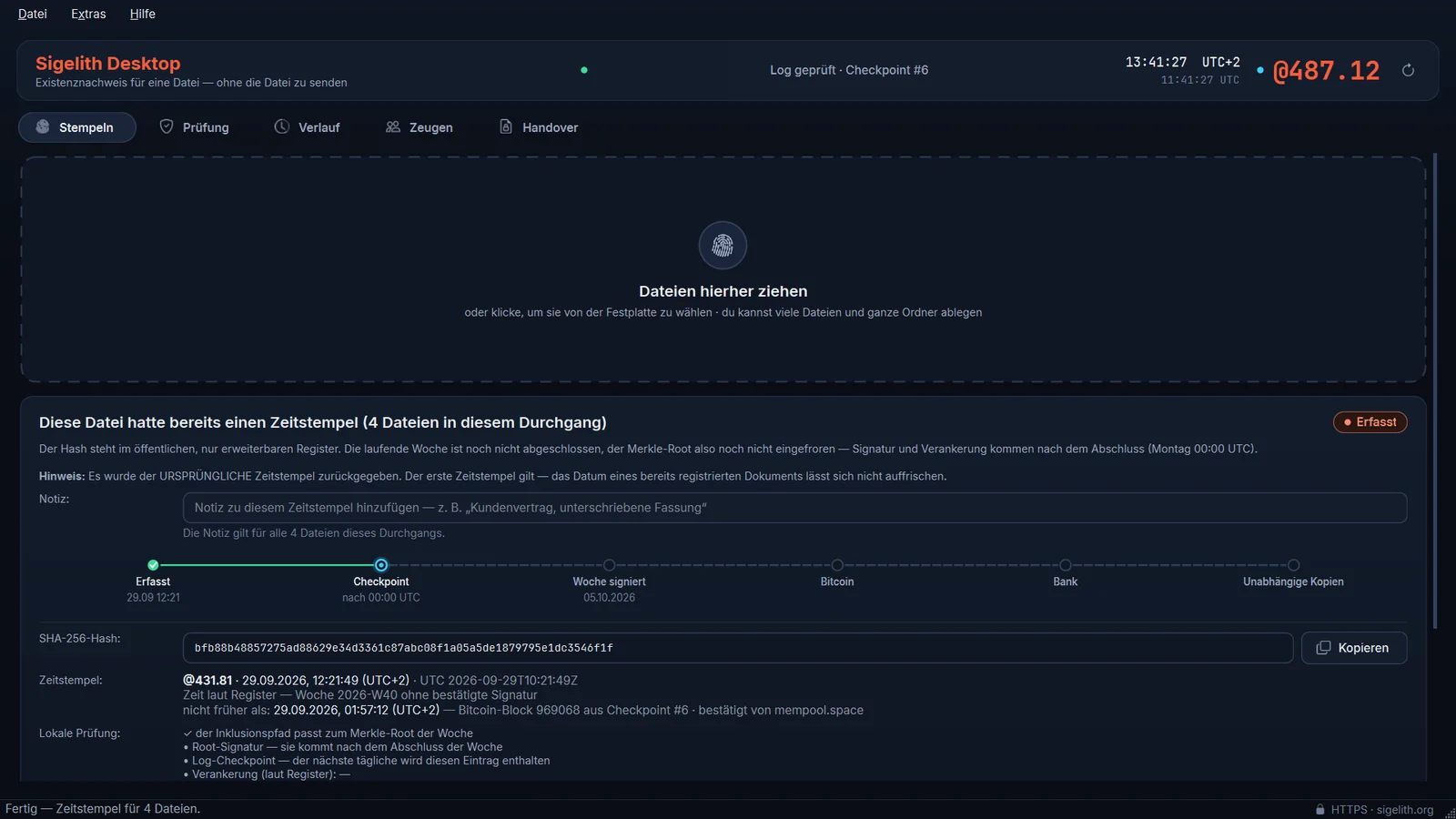 Das Fenster von Sigelith Desktop mit dem Tab Stempeln
