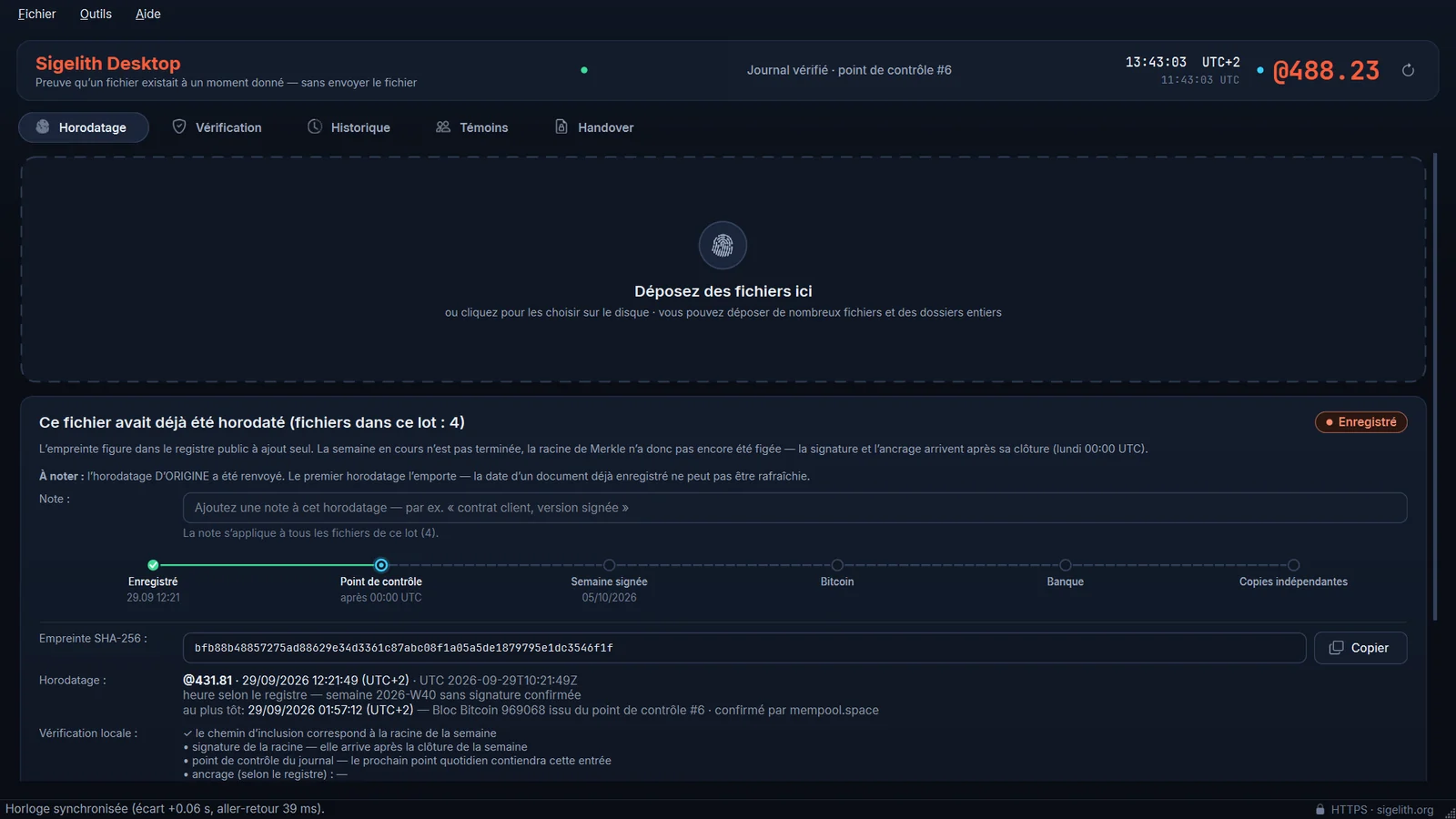 La fenêtre de Sigelith Desktop avec l’onglet Horodatage