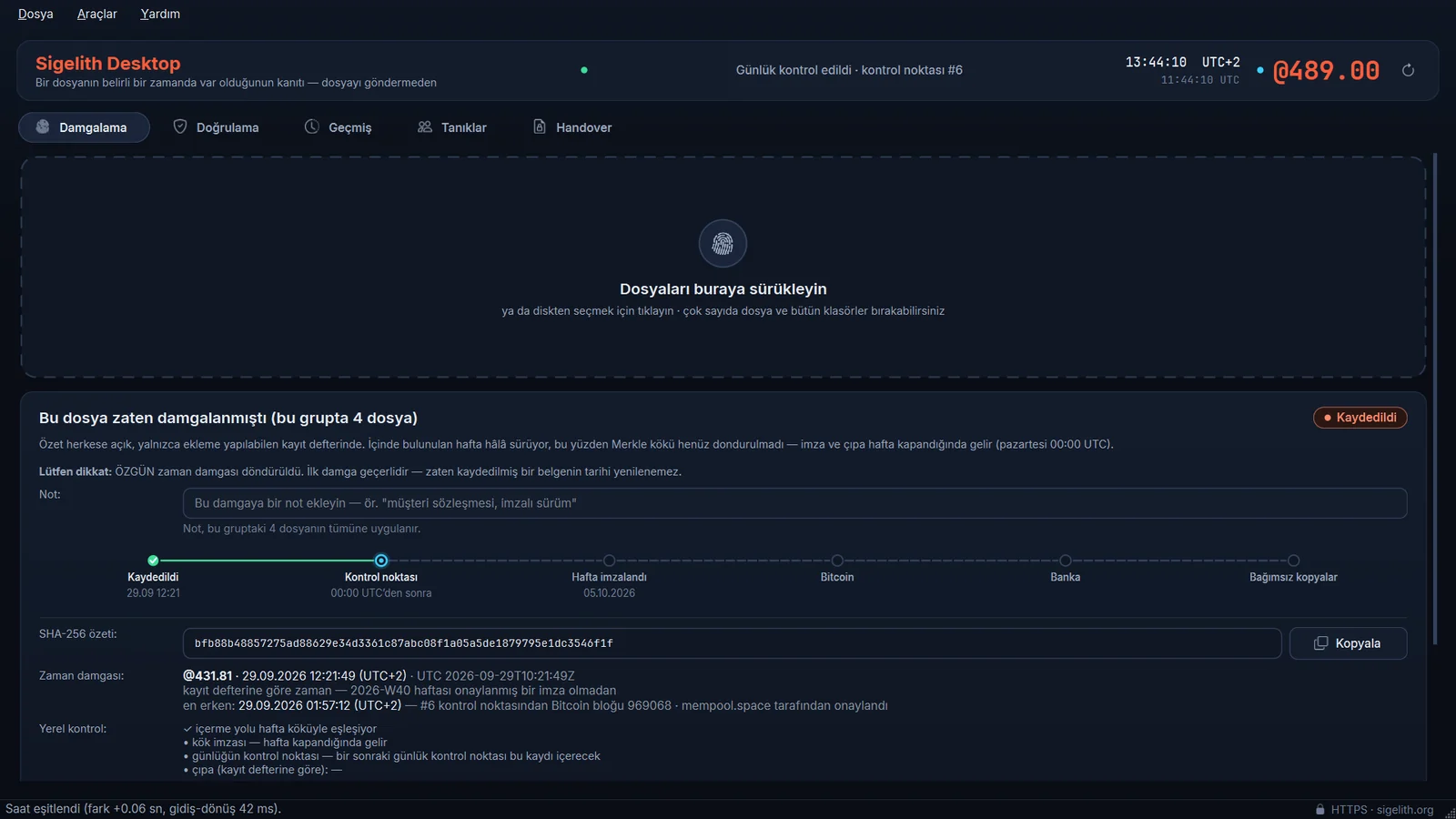 Damgalama sekmesiyle Sigelith Desktop penceresi