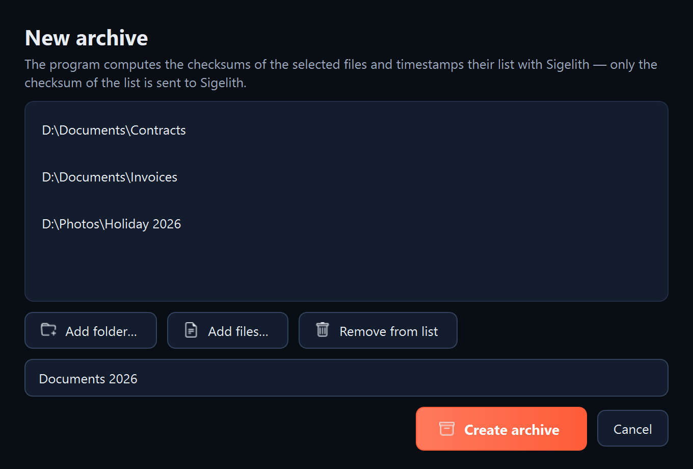 The “New archive” window