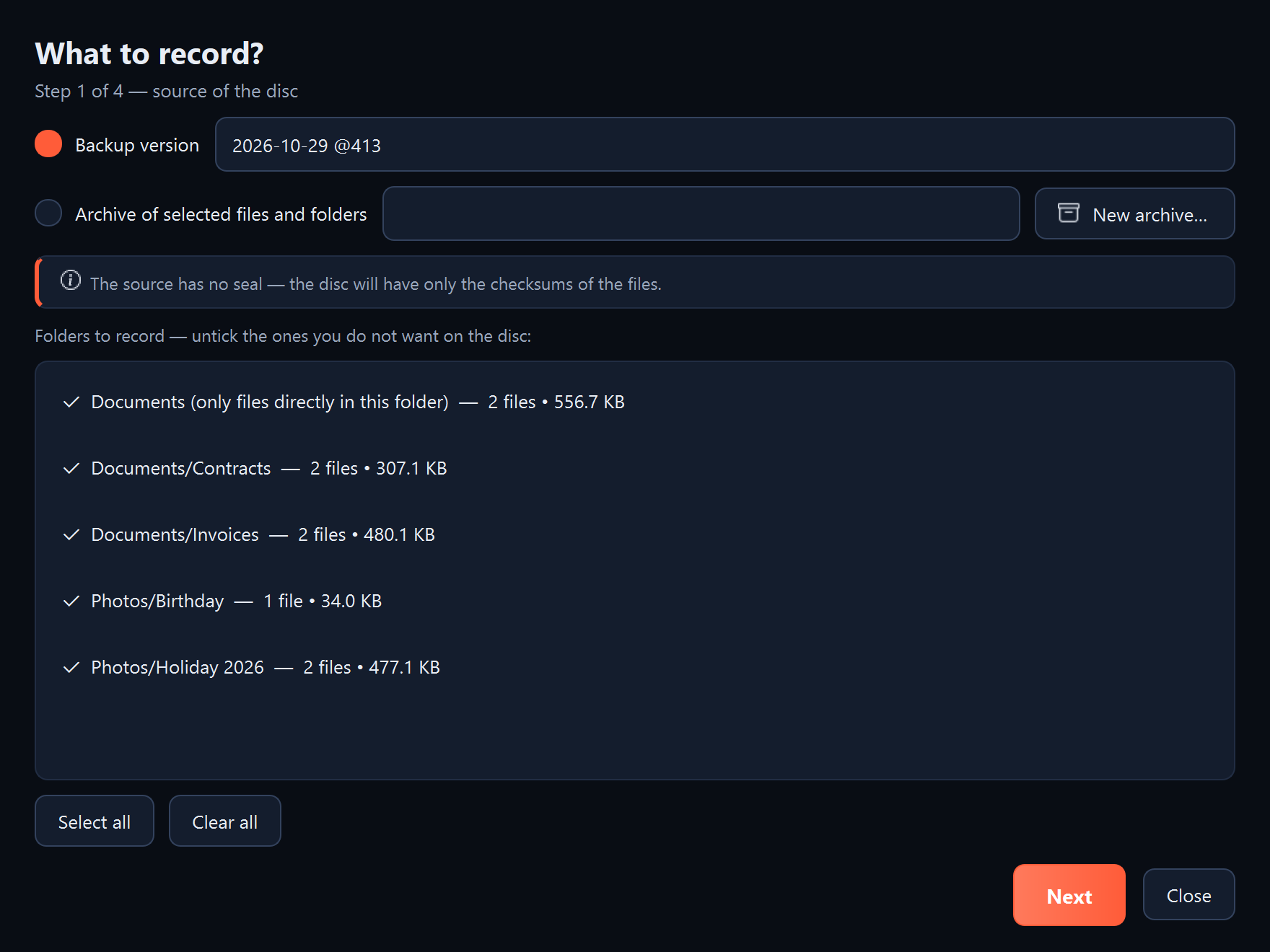 The “What to record?” page with the folder list