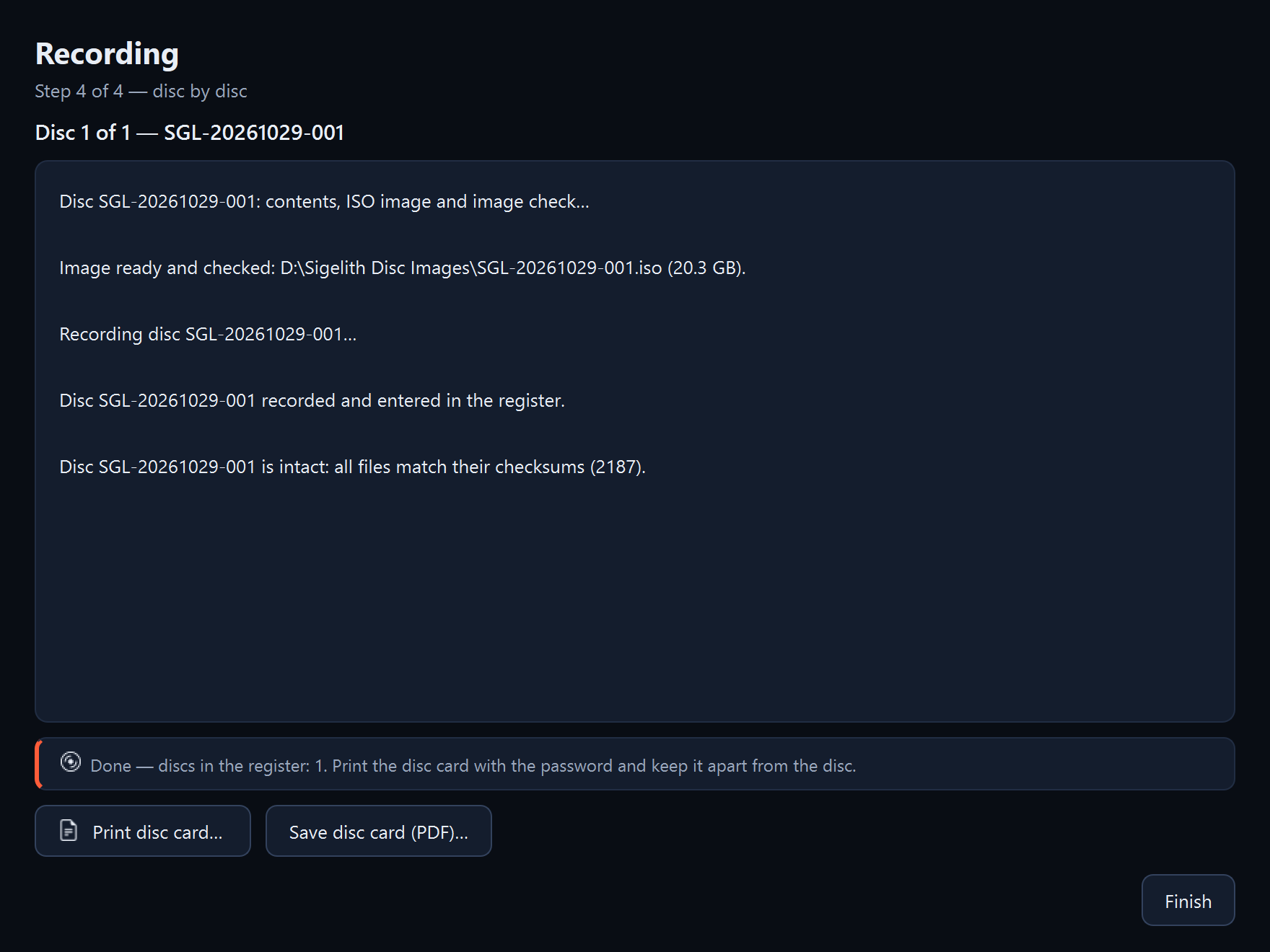 The “Recording” page with the disc card buttons