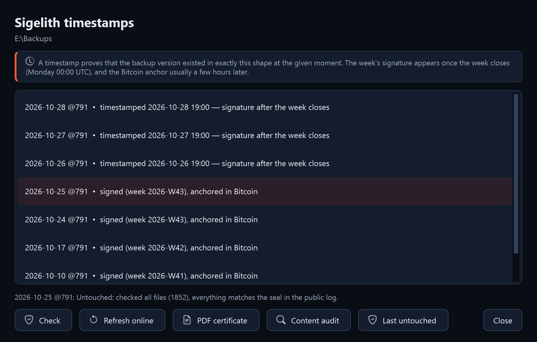 The “Timestamps” window with the audit result