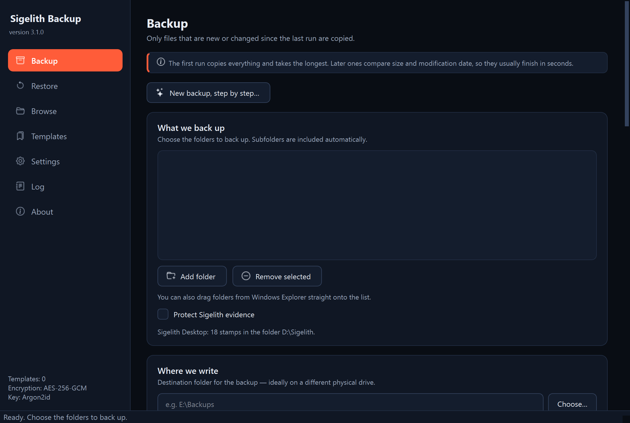 The program window with the menu on the left