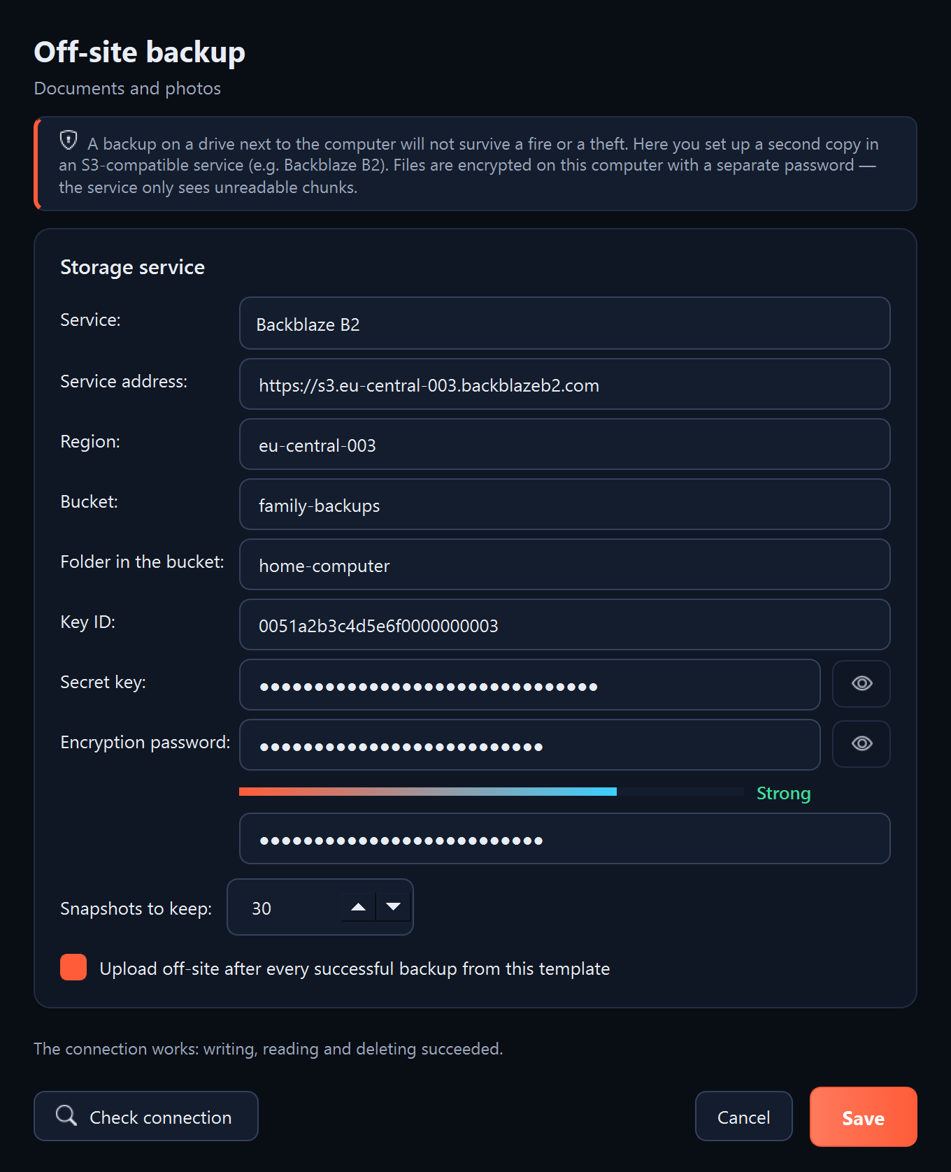 The “Off-site backup” window