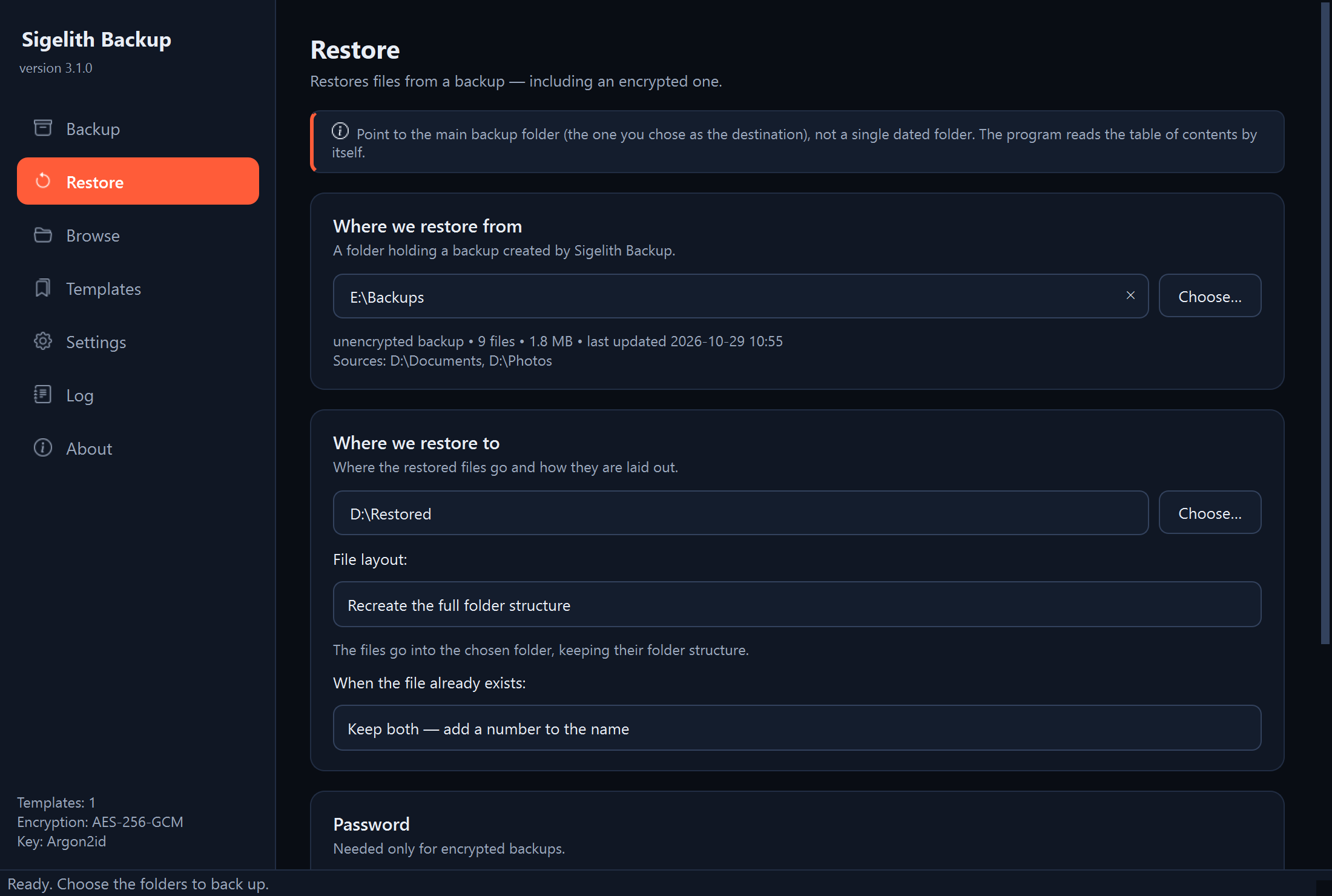 The “Restore” page with the backup description