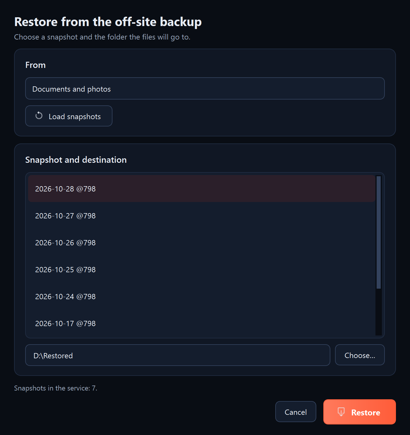 The “Restore from the off-site backup” window