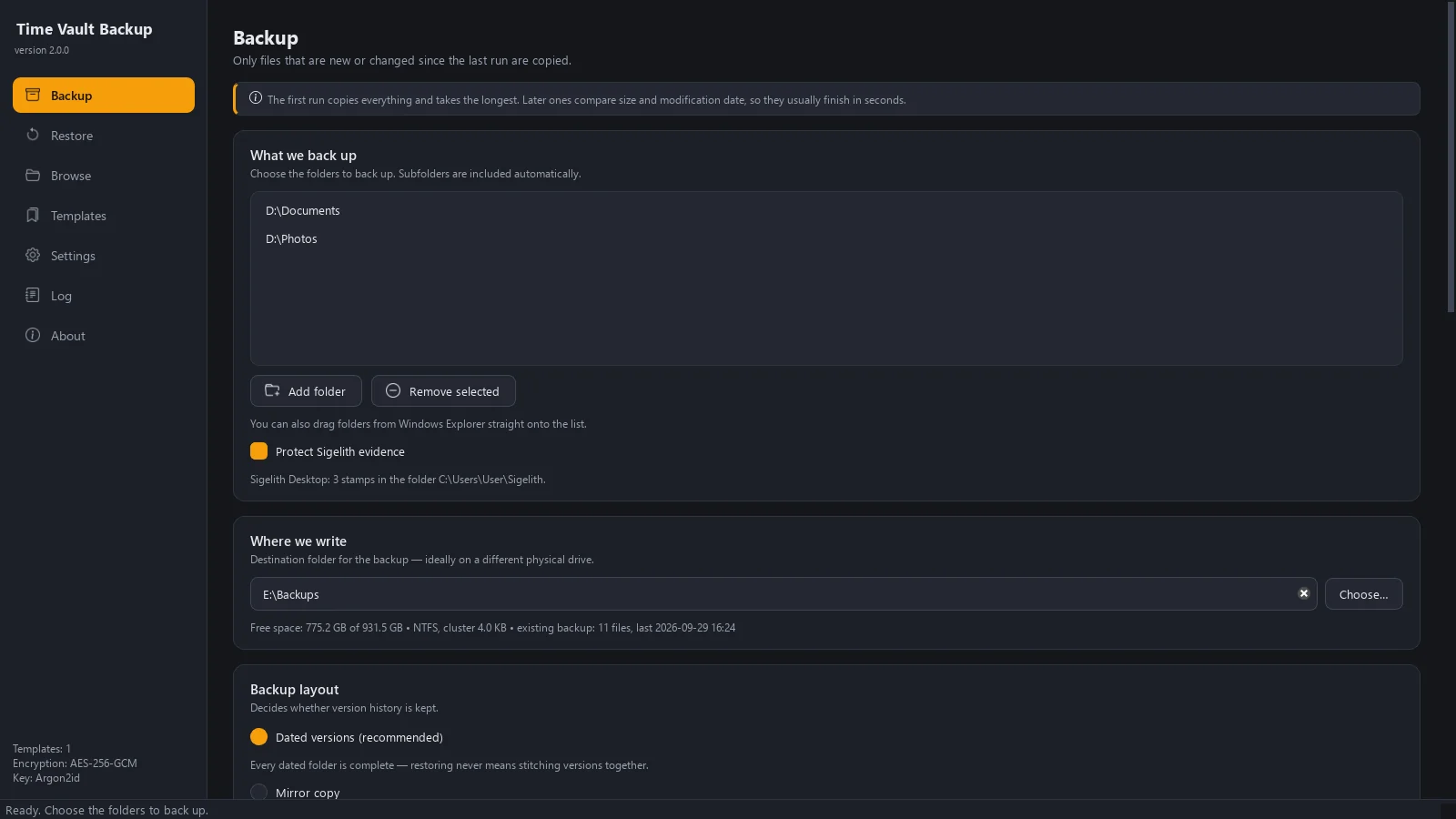 The Time Vault Backup window: the Backup page with the “Protect Sigelith evidence” option