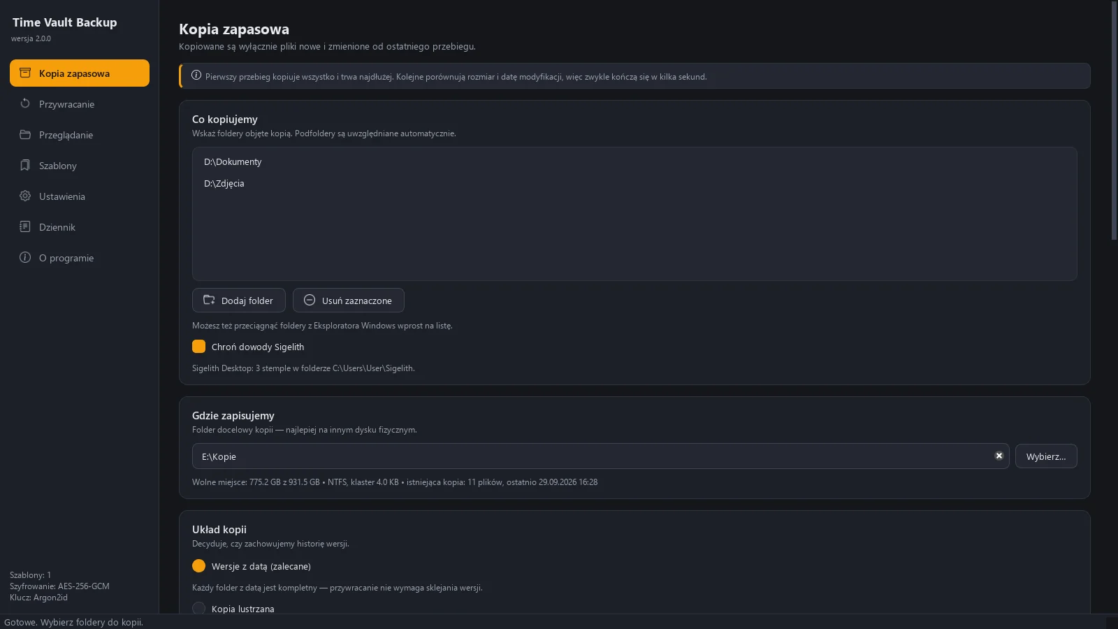 Okno Time Vault Backup: ekran „Kopia zapasowa” z opcją „Chroń dowody Sigelith”