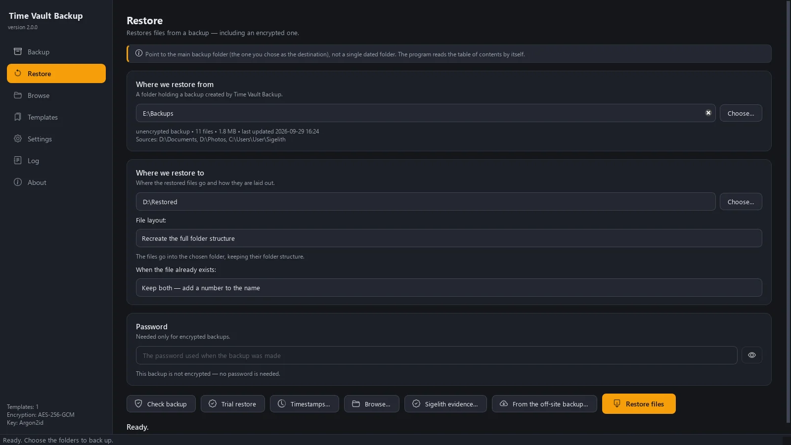 Restoring files, with the “Sigelith evidence…” button